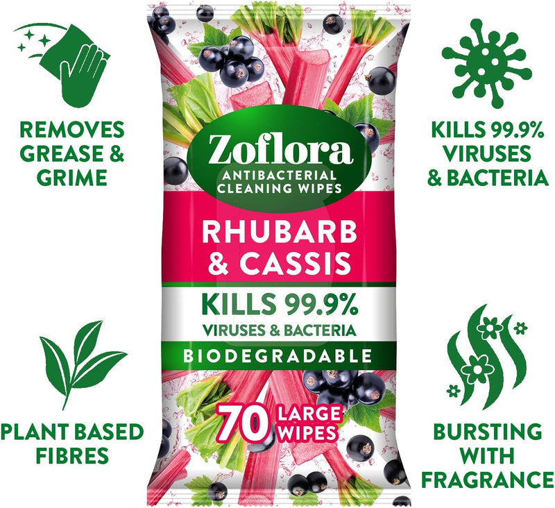 Zoflora Rhubarb & Cassis 70 Large Wipes, Antibacterial Multi-surface Cleaning Wipes Convenient, Quick Cleaning