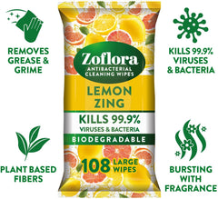 Zoflora Midnight Blooms 108 Large Wipes, Antibacterial Multi-surface Cleaning Wipes Convenient, Quick Cleaning