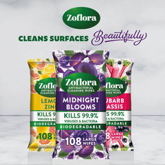 Zoflora Rhubarb & Cassis 108 Large Wipes, Antibacterial Multi-surface Cleaning Wipes Convenient, Quick Cleaning